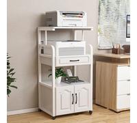 Multi-Purpose Printer Stand with Locking Wheels Wood Printer Shelf with Drawers & File Cabinet Mobile Printer Cart for Home Office White 44in/112cm Height