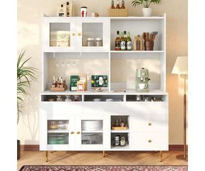 Multi-Purpose Storage Cabinet with Glass Door, Wine Glass Holder, Metal Handles, Multi-Layered Storage Unit, 145L x 39W x 171H cm, White Aosom UK