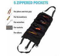 Multi-Purpose Tool Roll Up Bag with 5 Pockets, Heavy-Duty Oxford Cloth Wrench Pouch for Wrenches, Pliers, Screwdrivers, Gloves, Hangable & Compact(Black)