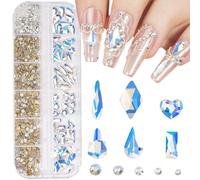 Multi Shapes Blue Moon 3D Glass Crystal Nail Rhinestones Kit Mix 0.8mm Silver Nail Round Beads Charm Flatback Gems 5 Grids Flatback Rhinestones Stone Diamond for Manicure Makeup DIY Decoration