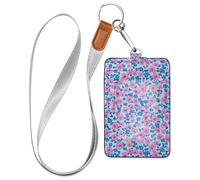 Multi-Small Flowers Pink Light Blue Leather Work id Badge Holder with Lanyard and 3-Card Capacity Name Card Holders for Office Shcool Hospital & Driver Licence