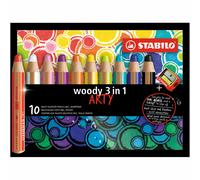 STABILO woody 3-in-1 - Multi-Talented Pencil - ARTY - Pack of 10 - Assorted Colours with Sharpener