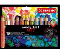 STABILO woody 3-in-1 - Multi-Talented Pencil - ARTY - Pack of 10 - Assorted Colours with Sharpener