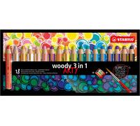 STABILO woody 3 in 1 - Multi-Talented Pencil - ARTY - Pack of 18 - Assorted Colours with Sharpener and Paint Brush