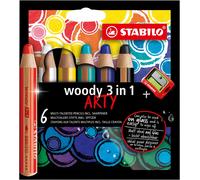 STABILO woody 3-in-1 - Multi-Talented Pencil - ARTY - Pack of 6 - Assorted Colours with Sharpener