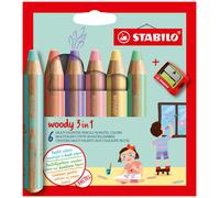 STABILO woody 3-in-1 - Multi-Talented Pencil - Pack of 6 - Assorted Pastel Colours with Sharpener