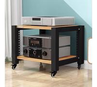 Multi-tier AV media stand, audio rack video component cabinet, media stand with height-adjustable shelf and casters, multifunctional open video media stand for home office (black + wood, 2-tier)