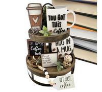 Multi Tiered Coffee Decorations Set - Decorative Wood Accessories for Home Bar, Table Top-Up | Rustic Decorative Elements for Multi Shelf Trays, Signs