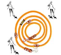 Multi-Use Double-Ended Hands-Free Dog Lead. Orange & Cognac. | 12 mm braided polyester rope with leather trim and 3-point adjustment; 2 trigger clips to walk two at once. Made in Spain.