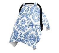 Multi Use Infant Car Seat Cover with Adjustable Magic Strap for | Washed Cotton Outer Surface Baby Car Seat Canopy Diaper Changing Station Blue White Toile Bows