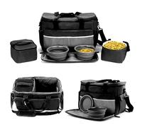 Multi-Use Pet Outdoor Bag with Locking Safety Zippers, Food & Accessory Bag for Traveling Dogs, Cats & Pets - Includes Bowls, Matt, Tag & Shoulder Strap (Black)
