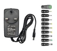 Multibao 12V 2A 2000mA UK Power Supply Adapter + 10pcs Universal DC Tips Kit | 3-Pin Plug | 100-240V AC | For CCTV Camera, LED Strip Light, Router