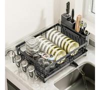 Multibao Dish Drainer Rack-Multifunctional Dish Rack for Kitchen Counter Anti-Rust Draining Board Rack with Cutlery Cup Holder-Utensil Holder 42 cm x 30 cm x 13 cm Fits Draining Board or Sink