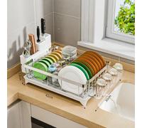 Multibao Dish Drainer Rack - Space Saving Dish Rack for Kitchen Counter, Kitchen Dish Drainer with Utensil Holder, Drain Board Cutlery Cup Holder Large White Stainless Steel (White not Black)