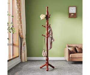 Multibao Sturdy Wooden Coat Rack Stand Vintage Posh Solid Wood 185cm with 9 Hooks Heavy Duty Free standing Hall Coat Hat Clothes Tree Stands for Hallway Entryway Bedroom Office (Dark Mahogany Finish)