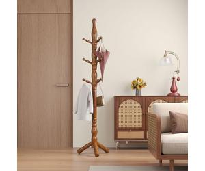 Multibao Sturdy Wooden Coat Rack Stand Vintage Posh Solid Wood 185cm with 9 Hooks Heavy Duty Free standing Hall Coat Hat Clothes Tree Stands for Hallway Entryway Bedroom Office (Warm Walnut Finish)