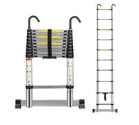 Multibao Telescopic Ladder 2.9M 9.5FT Aluminium Extension Loft Ladder with Stabilizer Bar and Detachable Hooks, Multi Purpose Extendable Portable Folding Ladders, EN131 (2.9M/9.5FT)