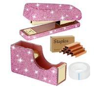 MultiBey Bling Crystal Stapler and Tape Dispenser Set, Pink Rhinestone Marble Stapler Tape Dispenser Holder Office Stationery, Bling Office Supplies for School Home Office