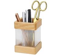 Multibey Desktop Pen Holder, Aesthetic Acrylic Compartments Pen Pot, Cute Square Pen Cup, Durable Desktop Office Supply Stationery Organizer, Stylish Office Decor Pen Stand (Beech Wood)