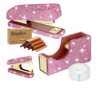 Multibey Rhinestone Desktop Organizer Set, Bling Pink Stapler and Tape Dispenser Set, Glitter Gold Stapler Remover with 1000 Staples & Tape, Sparkling Office Supplies Gift for Women Girls (Pink)