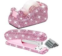 Multibey Rhinestone Stapler and Tape Dispenser Set - Bling Crystal Handmade Stapler and Tape Holder with 1000 Staples & Tape, Pretty Office Stationery Kit Desk Accessories for Women Lady (Pink)