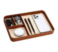 MultiBey Valet Tray Organiser, 30.2 x 20.2 cm, Premium Two-Tone PU Leather Desktop Catchall for Phone, Keys, Watch, Wallet (Brown)