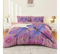 Multicolor Bedding Set 220 x 240 cm Elegant Exquisite Floral Animal Dragonfly Duvet Cover Set with 2 Pillowcases Soft Breathable Microfibre Quilt Cover Zipper Closure