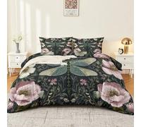 Multicolor Bedding Set 260 x 220 cm Elegant Elegant Floral Animal Dragonfly Duvet Cover Set with 2 Pillowcases Soft Breathable Microfibre Quilt Cover Zipper Closure