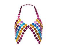 Multicolor Body Accessory with Reflective Round Discs | Halter-Neck Construction, Open-Front Shape, Reflective Color Contrast for Stage and Creative Photo Shoots
