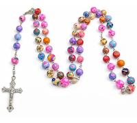 Multicolor Catholic Rosary Necklace with Miraculous Medal & Crucifix, Polymer Clay Flower Beads Prayer Chain , Christian Religious Jewelry for Men & Women - Colorful Marian Devotion Rosary 8mm Beads
