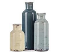 Multicolor Ceramic Vase Set of 3 - Coastal Rustic Farmhouse Decor Flower Vases for Shelf, Dining Room Table, Fireplace Mantel, Living Room, Coffee Table, Tabletop, Kitchen Cabinet, Entryway Decoration