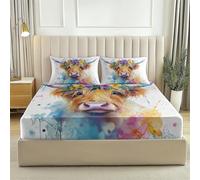 Multicolor Fitted Sheet Bedding Set, Country Forest Highland Cow Durable Microfibre for Busy Households, Quick Dry & Cosy, Double (53" x 75"), 30cm Deep Fit + 2 Pillowcases