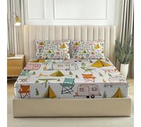 Multicolor Fitted Sheet Bedding Set, Country Forest Outdoor Tent Durable Microfibre for Busy Households, Quick Dry & Cosy, Double (53" x 75"), 30cm Deep Fit + 2 Pillowcases