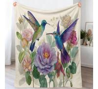 Multicolor Fluffy Flannel Blanket 100 x 130 cm, Watercolor Minimalist Printed Soft Flannel Washable Throw Blanket, Hummingbird Floral Leaves Adults Cozy Blankets for Bed Couch Office Sofa and Travel