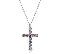 Multicolor Gemstone Cross Necklace for Women, 18K Gold Plated Rainbow Cross Adjustable Chain, Colorful Necklace Faith Christian Pendent, Dainty Religious Jewelry for Daily & Gift (Large, 925 Silver)