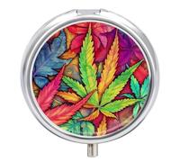 Multicolor Leaf Weed Art Round Pill Box 3 Compartment Medicine Pill Organizer with Mirror Travel Small Pill Case Cute Vitamin Organizer Portable Daily Pill Container for Pocket Purse
