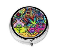 Multicolor Leaf Weed Art This Small, Round Pill Box is a Portable Travel Medicine Organizer with Three compartments for Storing Daily medications.