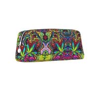Multicolor Marijuana Leaf Weed Art Printed Multifunctional Leather Zipper Pencil Case, Suitable for School, Office and Travel
