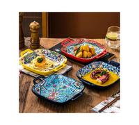 (Multicolor, Red + Blue + Light Blue + Yellow) Bohemian Ceramic Plate, Square Plate with Handle, Salad Plate for Home Kitchen Dining Room,Dinnerware Sets, Modern Ceramic Dinnerware