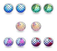 Multicolor Resin"12mm Iridescent Blue Green Pink AB Mermaid/Fish/Dragon Scale" Stud Earrings for Women and Teens Silver-Tone Fashion, 5 PACKS (C01)
