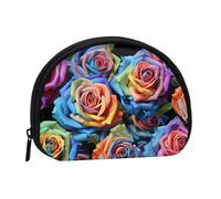 Multicolor Roses on Black Background Coin Purse Personalized Coin Bag for Women Men Change Purse Small Wallets with Zipper Mini Shell Coin Pouch Outdoor Shopping Change Storage Bag Handbags Gifts
