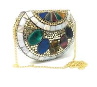 multicolor stone studded pattern MOP metal clutch womens bag mosaic handmade bag partywear