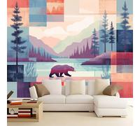 Multicolor Unpasted Mural Wallpaper, Patchwork Style Forest Animals Wall Decor, Non-Woven Photo Backdrop for Living Room & Bedroom 200 x 140 cm (W x H)