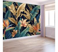 Multicolor Wallpaper Panoramic Deco Exotic, Wallpaper Mural Tropical Flowers Leaves Birds 200 X 140 Cm for Bedroom Living Room Office Hotel Premium Non-Woven Mural - Wall Background Decoration