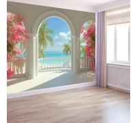 Multicolor Wallpaper Panoramic Deco Tropical, Wallpaper Mural Holiday Archway Seaside Flowers 200 X 140 Cm for Bedroom Living Room Office Hotel Premium Non-Woven Mural - Wall Background Decoration