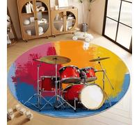 Multicolor Washable Round Area Rugs Doodle Style Drum Set, Bedroom Living Room Circle Rug with Non-Slip Backing 180 cm Soft Floor Decoration Carpet Mat