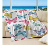 Multicolor Winged Large Butterfly Printed Flannel Blanket, Pastel Garden Theme Soft Cozy Throw Blanket, Ideal for Kids Girls Bed Blanket and Sofa Throw (12,75x100cm)