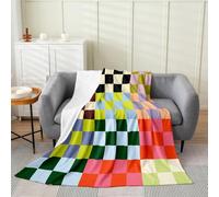 Multicolored Checkered Retro Geometric Flannel Fleece Blanket Double 60x79Inch Green Red Yellow Colorful Plush Throw Blanket Modern Simple Groovy Aesthetic Room Decor,All Season for Bed Sofa Couch
