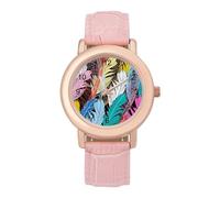 Multicolored Feathers Womens Elegant Watch Analogue Quartz Watch Leather Band Wristwatch