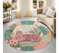 Multicolored Floral Tiger Round Rug 160 cm for Under Table, Washable Arabic Fine Animal Non-Slip Circle Carpet, Low-Profile Floor Mat for Dining Room